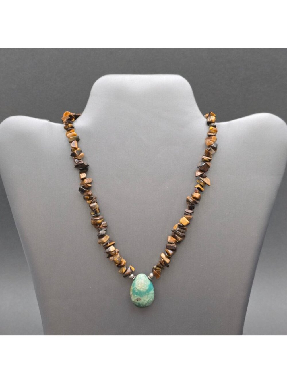 Vintage Sterling Silver Turquoise Pendant Tigers Eye Nugget Choker Necklace 14" - Picture 2 of 10